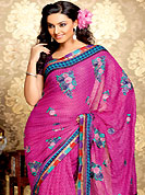 Elegance and innovation of designs crafted for you. This dark pink faux georgette saree have beautiful zigzag, dot print and embroidery patch work which is embellished with resham work. Fabulous designed embroidery gives you an ethnic look and increasing your beauty. Matching blouse is available. Slight Color variations are possible due to differing screen and photograph resolutions.