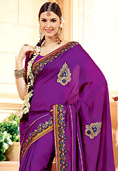 The most beautiful refinements for style and tradition. This purple faux georgette saree have beautiful embroidery patch work which is embellished with resham and stone work. Fabulous designed embroidery gives you an ethnic look and increasing your beauty. Matching blouse is available. Slight Color variations are possible due to differing screen and photograph resolutions.