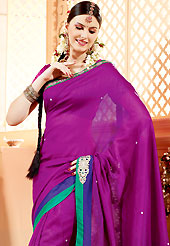 A desire that evokes a sense of belonging with a striking details. This purple faux georgette saree have beautiful embroidery patch work which is embellished with resham, zari, stone and beads work. Fabulous designed embroidery gives you an ethnic look and increasing your beauty. Matching blouse is available. Slight Color variations are possible due to differing screen and photograph resolutions.