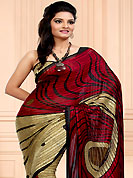 Try out this year top trend, glowing, bold and natural collection. This maroon and beige faux chiffon saree have beautiful abstract, stripe digital print and patch work. Fabulous designed embroidery gives you an ethnic look and increasing your beauty. Matching blouse is available. Slight Color variations are possible due to differing screen and photograph resolutions.
