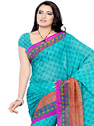 Ultimate collection of embroidered sarees with fabulous style. This light blue and rust georgette saree have beautifully embellished with floral and geometric print work. This saree gives you a modern and different look in fabulous style. Matching blouse is available. Slight Color variations are possible due to differing screen and photograph resolutions.