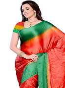 The evolution of style species collection spells pure femininity. This red and green satin silk saree gives you a modern and different look in fabulous style. Matching blouse is available. Slight Color variations are possible due to differing screen and photograph resolutions.