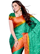 Ultimate collection of embroidered sarees with fabulous style. This green, dark yellow and orange satin silk saree gives you a modern and different look in fabulous style. Matching blouse is available. Slight Color variations are possible due to differing screen and photograph resolutions.