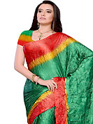 Make a trendy look with this classic embroidered saree. This green, yellow and red satin silk saree gives you a modern and different look in fabulous style. Matching blouse is available. Slight Color variations are possible due to differing screen and photograph resolutions.