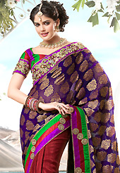 The glamorous silhouette to meet your most dire fashion needs. This violet and maroon half half viscose and art silk saree is nicely designed with embroidered patch work is done with resham, zari, sequins, stone and lace work. Beautiful embroidery work on saree make attractive to impress all. This saree gives you a modern and different look in fabulous style. Contrasting multicolor art silk blouse is available. Slight color variations are possible due to differing screen and photograph resolution.