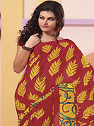 Exquisite combination of color, fabric can be seen here. This red and yellow faux chiffon saree is nicely designed with abstract and leaf print work. Saree gives you a singular and dissimilar look. Matching blouse is available. Slight color variations are possible due to differing screen and photograph resolution.