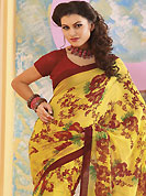 Printed sarees are the best choice for a girl to enhance her feminine look. This yellow and red faux georgette saree is nicely designed with floral and geometric print work. Saree gives you a singular and dissimilar look. Matching red blouse is available. Slight color variations are possible due to differing screen and photograph resolution.