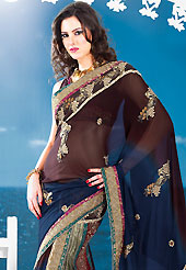 Breathtaking collection of sarees with stylish embroidery work and fabulous style. This dark brown and navy blue faux georgette and tissue lehenga style saree is nicely designed with embroidered patch work is done with resham, zari and sequins work. Saree gives you a singular and dissimilar look. Matching dark brown blouse is available. Slight color variations are possible due to differing screen and photograph resolution.
