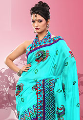 Exquisite combination of color, fabric can be seen here. This aqua blue bhagalpuri silk saree is nicely designed with embroidered patch work is done with resham and zari work. Saree gives you a singular and dissimilar look. Matching blouse is available. Slight color variations are possible due to differing screen and photograph resolution.