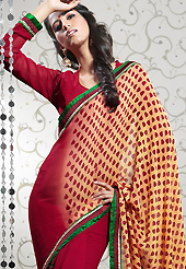 The evolution of style species collection spells pure femininity. This peach and red faux georgette saree have beautiful geometric print and embroidery patch work which is embellished with resham work. This saree gives you a modern and different look in fabulous style. Matching red blouse is available. Slight Color variations are possible due to differing screen and photograph resolutions.