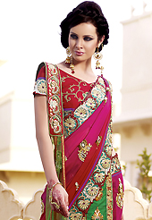 The traditional patterns used on this saree maintain the ethnic look. This multicolor faux georgette and net lehenga style saree is nicely designed with heavy embroidered patch work is done with resham, zari, stone, beads and kasab work. Beautiful embroidery patch border on saree make attractive to impress all. This saree gives you a modern and different look in fabulous style. Matching blouse is available with this saree. Slight color variations are possible due to differing screen and photograph resolution.
