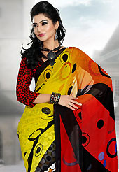 Keep the interest with this printed saree. This light olive green, red and black faux georgette saree is nicely designed with geometric print work. Saree gives you a singular and dissimilar look. Matching blouse is available. Slight color variations are possible due to differing screen and photograph resolution.