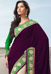 An occasion wear perfect is ready to rock you. This dark burgundy and cream velvet and net saree have beautiful embroidery patch work which is embellished with resham, zari, stone and beads work. Fabulous designed embroidery gives you an ethnic look and increasing your beauty. Contrasting green blouse is available. Slight Color variations are possible due to differing screen and photograph resolutions.