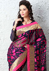 The most beautiful refinements for style and tradition. This black and purple brasso faux georgette saree is nicely designed with self weaving and patch work. Beautiful embroidery work on saree make attractive to impress all. This saree gives you a modern and different look in fabulous style. Matching blouse is available. Slight color variations are possible due to differing screen and photograph resolution.