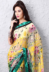 The most beautiful refinements for style and tradition. This yellow and green brasso faux georgette saree is nicely designed with floral print and sequins work. Beautiful embroidery work on saree make attractive to impress all. This saree gives you a modern and different look in fabulous style. Matching blouse is available. Slight color variations are possible due to differing screen and photograph resolution.