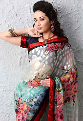 Outfit is a novel ways of getting yourself noticed. This off white, light sea green and light navy blue brasso faux georgette saree is nicely designed with floral print and sequins work. Beautiful embroidery work on saree make attractive to impress all. This saree gives you a modern and different look in fabulous style. Matching blouse is available. Slight color variations are possible due to differing screen and photograph resolution.