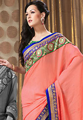 Era with extension in fashion, style, Grace and elegance have developed grand love affair with this ethnical wear. This peach art silk saree is nicely designed with embroidered patch work is done with resham, zari, sequins and beads work. Beautiful embroidery work on saree make attractive to impress all. This saree gives you a modern and different look in fabulous style. Contrasting green blouse is available. Slight color variations are possible due to differing screen and photograph resolution.