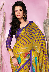 Get ready to sizzle all around you by sparkling saree. This beautiful light olive green brasso faux georgette saree is nicely designed with floral and geometric print work. Beautiful print work on saree make attractive to impress all. It will enhance your personality and gives you a singular look. Contrasting dark blue blouse is available with this saree. Slight color variations are due to differing screen and photography resolution.