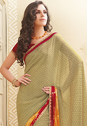 Era with extension in fashion, style, Grace and elegance have developed grand love affair with this ethnical wear. This olive green and yellow faux georgette saree is nicely designed with abstract print work. Saree gives you a singular and dissimilar look. Contrasting red blouse is available. Slight color variations are possible due to differing screen and photograph resolution.