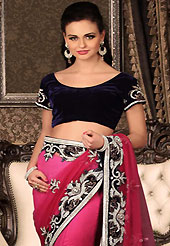 Keep the interest with this designer embroidery saree. This dark pink net saree have beautiful embroidery and velvet patch work which is embellished with stone and cutbeads work. Fabulous designed embroidery gives you an ethnic look and increasing your beauty. Contrasting deep violet velvet blouse is available. Slight Color variations are possible due to differing screen and photograph resolutions.