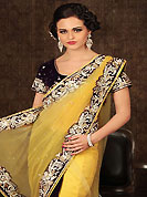 Yellow and Deep Violet Net and Velvet Saree with Blouse
