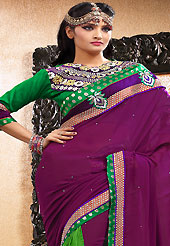 Take the fashion industry by storm in this beautiful embroidered saree. This burgundy and green georgette saree is nicely designed with embroidered patch work is done with resham, zari, sequins, stone and lace work. Saree gives you a singular and dissimilar look. Matching green blouse is available. Slight color variations are possible due to differing screen and photograph resolution.