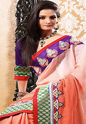 Be the cynosure of all eyes with this wonderful casual wear in flattering colors and combinations. This shaded peach art silk saree is nicely designed with embroidered patch work is done with resham, zari, sequins, stone, beads and lace work. Saree gives you a singular and dissimilar look. Contrasting purple blouse is available. Slight color variations are possible due to differing screen and photograph resolution.