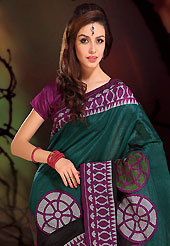 The fascinating beautiful subtly garment with lovely patterns. This beautiful teal green, black and purple art silk saree is nicely designed with geometric print work. Beautiful print work on saree make attractive to impress all. It will enhance your personality and gives you a singular look. Matching blouse is available with this saree. Slight color variations are due to differing screen and photography resolution.