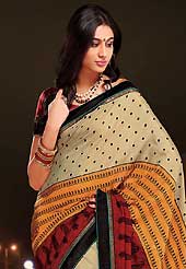 Welcome to the new era of Indian fashion wear. This beige, orange and red cotton silk saree is nicely designed with embroidered patch work is done with resham thread work. Saree gives you a singular and dissimilar look. Matching blouse is available. Slight color variations are possible due to differing screen and photograph resolution.