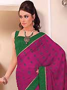 Era with extension in fashion, style, Grace and elegance have developed grand love affair with this ethnical wear. This beautiful magenta chiffon saree is nicely designed with floral print, lace and graceful patch border. Beautiful print work on saree make attractive to impress all. It will enhance your personality and gives you a singular look. Contrasting green blouse is available with this saree. Slight color variations are due to differing screen and photography resolution.