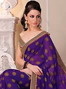 An occasion wear perfect is ready to rock you. This beautiful purple chiffon saree is nicely designed with abstract, floral print, lace and graceful patch border. Beautiful print work on saree make attractive to impress all. It will enhance your personality and gives you a singular look. Contrasting mustard blouse is available with this saree. Slight color variations are due to differing screen and photography resolution.