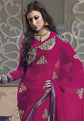 An occasion wear perfect is ready to rock you. This magenta faux georgette saree have beautiful embroidery patch work which is embellished with resham, zari, stone, beads and lace work. Fabulous designed embroidery gives you an ethnic look and increasing your beauty. Matching blouse is available. Slight Color variations are possible due to differing screen and photograph resolutions.