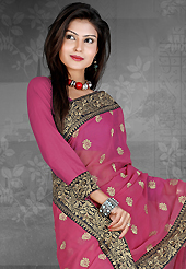 Envelope yourself in classic look with this charming saree. This deep pink chiffon saree is nicely designed with embroidered patch work is done with resham, zari and stone work. Saree gives you a singular and dissimilar look. Matching blouse is available. Slight color variations are possible due to differing screen and photograph resolution.