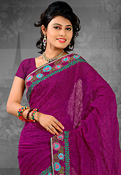 Exquisite combination of color, fabric can be seen here. This dark magenta chiffon saree is nicely designed with embroidered patch work is done with resham work. Saree gives you a singular and dissimilar look. Matching blouse is available. Slight color variations are possible due to differing screen and photograph resolution.