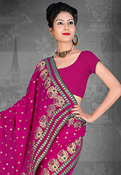 Ultimate collection of embroidery sarees with fabulous style. This dark pink chiffon saree is nicely designed with embroidered patch work is done with resham, zari and stone work. Saree gives you a singular and dissimilar look. Matching blouse is available. Slight color variations are possible due to differing screen and photograph resolution.