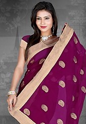 Get ready to sizzle all around you by sparkling saree. This plum chiffon saree is nicely designed with embroidered patch work is done with resham and zari work. Saree gives you a singular and dissimilar look. Matching blouse is available. Slight color variations are possible due to differing screen and photograph resolution.