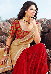 Take a look on the changing fashion of the season. This fawn and red satin and brasso saree is nicely designed with embroidered patch work is done with zari, stone and lace work. Beautiful embroidery work on saree make attractive to impress all. Matching blouse is available. Slight color variations are possible due to differing screen and photograph resolution.