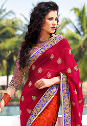 Take a look on the changing fashion of the season. This deep pink and rust chiffon and brosso saree is nicely designed with embroidered patch work is done with zari, cutbeads and lace work. Beautiful embroidery work on saree make attractive to impress all. Contrasting purple blouse is available. Slight color variations are possible due to differing screen and photograph resolution.
