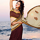 Beige and Maroon Chiffon and Brasso Lehenga Style Saree with Blouse