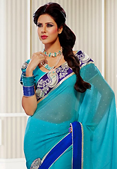 Ultimate collection of embroidery sarees with fabulous style. This light blue georgette saree have beautiful embroidery patch work which is embellished with resham, zari and stone work. Fabulous designed embroidery gives you an ethnic look and increasing your beauty. Matching blouse is available. Slight Color variations are possible due to differing screen and photograph resolutions.