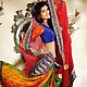 Red, Orange and Green Chiffon and Viscose Saree with Blouse