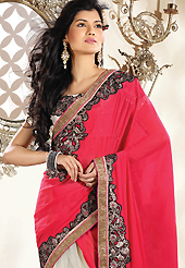 Dreamy variation on shape and forms compliment your style with tradition. This deep pink and off white georgette and net lehenga style saree is nicely designed with embroidery patch work is done with resham, zari, sequins, stone and lace work. Beautiful embroidery work on saree make attractive to impress all. This saree gives you a modern and different look in fabulous style. Matching blouse is available. Slight color variations are possible due to differing screen and photograph resolution.