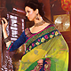 Yellow, Green and Dark Pink Net and Faux Georgette Lehenga Style Saree with Blouse