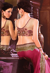 The glamorous silhouette to meet your most dire fashion needs. This dark pink faux chiffon saree have beautiful embroidery patch work which is embellished with resham, zari, sequins and stone work. Fabulous designed embroidery gives you an ethnic look and increasing your beauty. Contrasting light fawn blouse is available. Slight Color variations are possible due to differing screen and photograph resolutions.