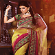 Off White, Yellow and Dark Pink Net Saree with Blouse