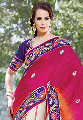 The most beautiful refinements for style and tradition. This pink, orange and cream faux georgette jacquard lehenga style saree have beautiful embroidery patch work which is embellished with resham, zari, stone, beads and lace work. Fabulous designed embroidery gives you an ethnic look and increasing your beauty. Contrasting purple art silk blouse is available. Slight Color variations are possible due to differing screen and photograph resolutions.