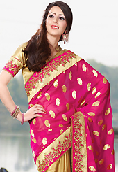 Style and trend will be at the peak of your beauty when you adorn this saree. This dark pink and fawn faux georgette and faux shimmer georgette saree have beautiful embroidery patch work which is embellished with zari and applique work. Fabulous designed embroidery gives you an ethnic look and increasing your beauty. Matching blouse is available. Slight Color variations are possible due to differing screen and photograph resolutions.