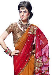 The most beautiful refinements for style and tradition. This red and orange net saree have beautiful embroidery patch work which is embellished with resham, zari, stone,beads and lace work. Fabulous designed embroidery gives you an ethnic look and increasing your beauty. Matching blouse is available. Slight Color variations are possible due to differing screen and photograph resolutions.