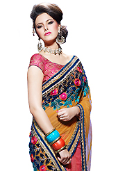 Let your personality articulate for you with this amazing embroidered saree. This mustard and dark pink net saree have beautiful embroidery patch work which is embellished with resham, zari, sequins, applique and lace work. Fabulous designed embroidery gives you an ethnic look and increasing your beauty. Matching blouse is available. Slight Color variations are possible due to differing screen and photograph resolutions.
