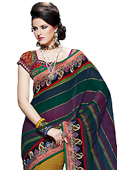 Dreamy variation on shape and forms compliment your style with tradition. This multicolor art silk saree have beautiful embroidery patch work which is embellished with resham, zari and stone work. Fabulous designed embroidery gives you an ethnic look and increasing your beauty. Matching blouse is available. Slight Color variations are possible due to differing screen and photograph resolutions.